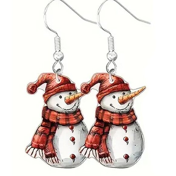 Snowman in plaid scarf Christmas Holiday Earrings - Picture 2 of 2